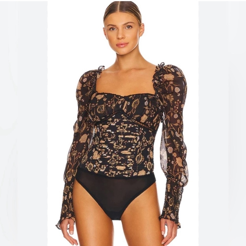 Free People | Brunch Time Bodysuit Puff Sleeves Size Medium NWT